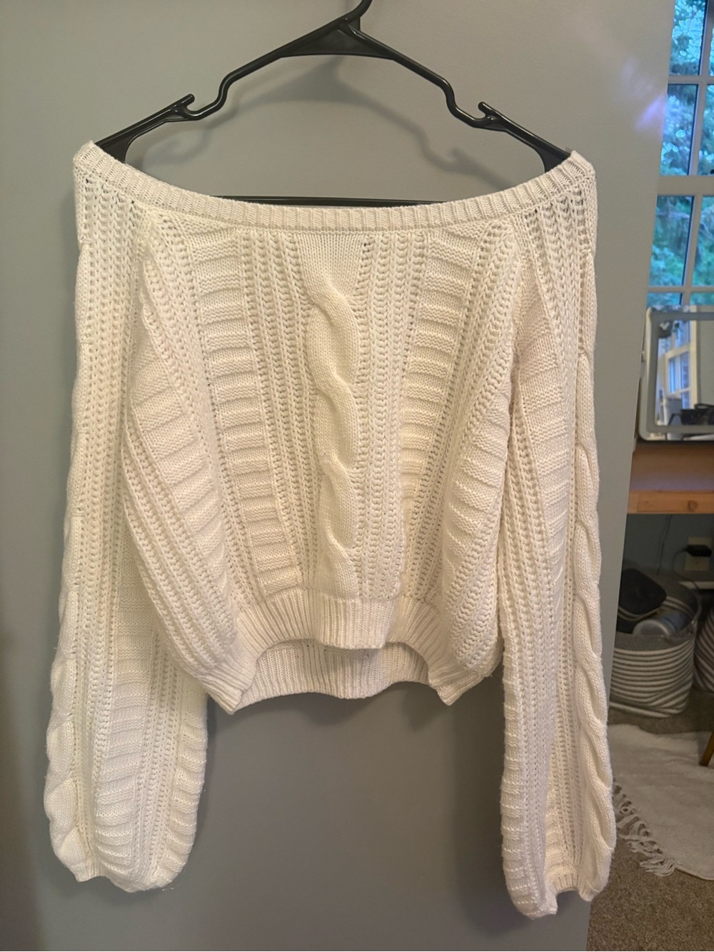 Almost Famous Cream Off-Shoulder Cable Knit Sweater